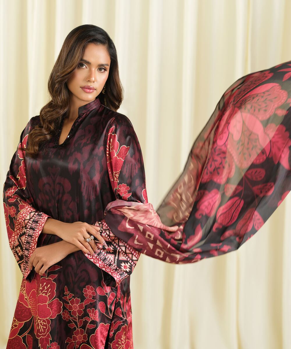 Women's Unstitched Blended Satin Printed Multi 3 Piece Suit