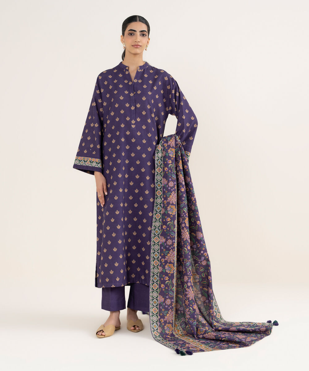 Women's Unstitched Printed Khaddar Purple 3 Piece Suit