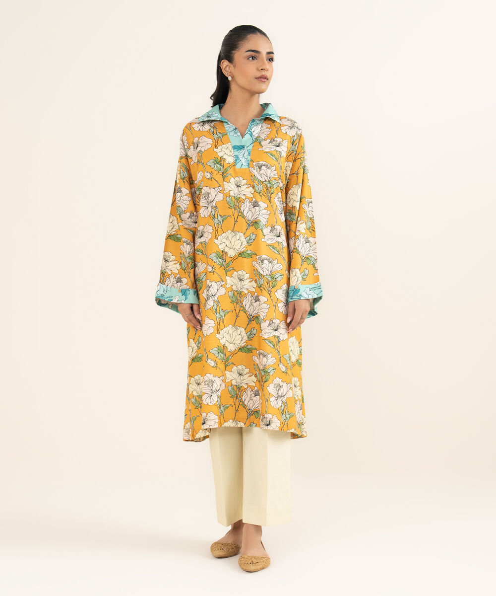 Women's RTW Herringbone Printed Mustard Drop Shoulder Shirt