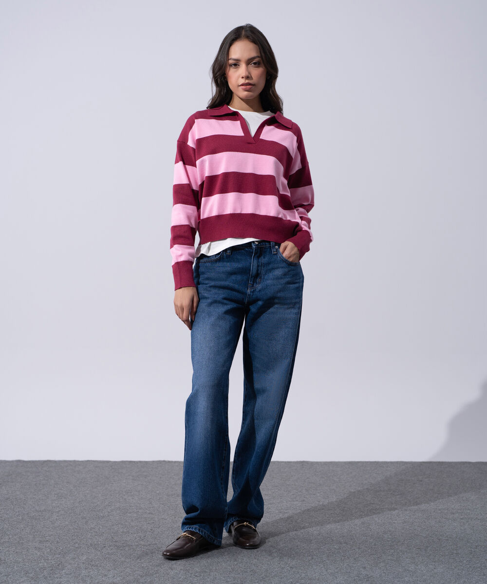 Women's Western Wear Merlot And Pink Striped Polo Neck Sweater
