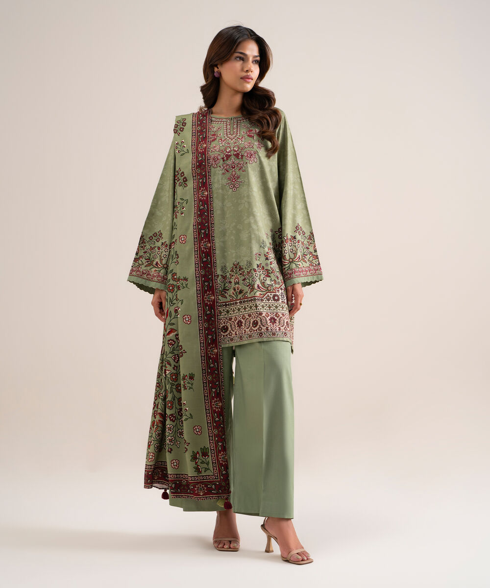 Women's Unstitched Printed Cotton Viscose Moss Green 3 Piece Suit
