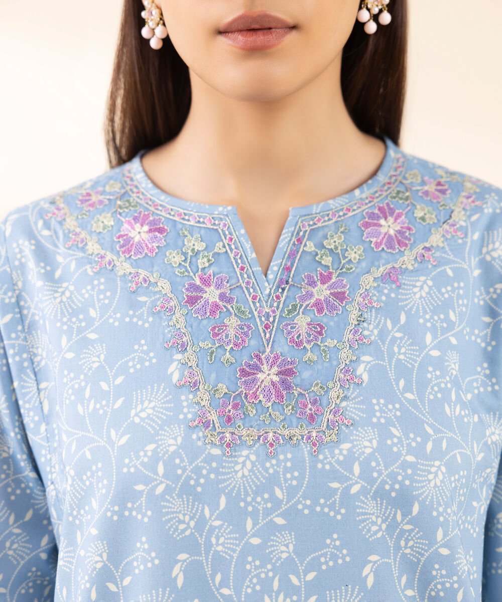 Women's Unstitched Lawn Embroidered Blue 3 Piece Suit