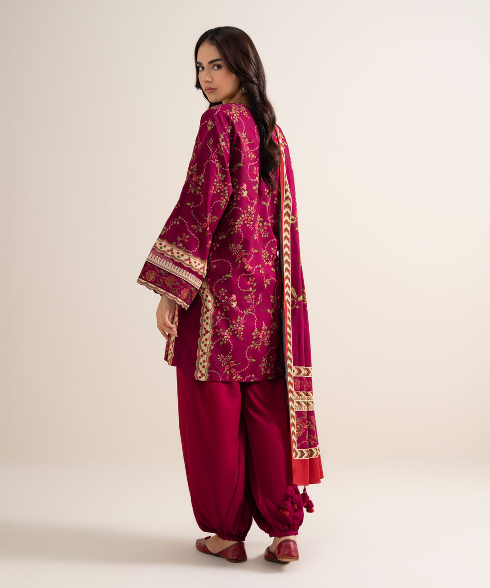 Women's Unstitched Printed Cotton Viscose Burgundy 3 Piece Suit