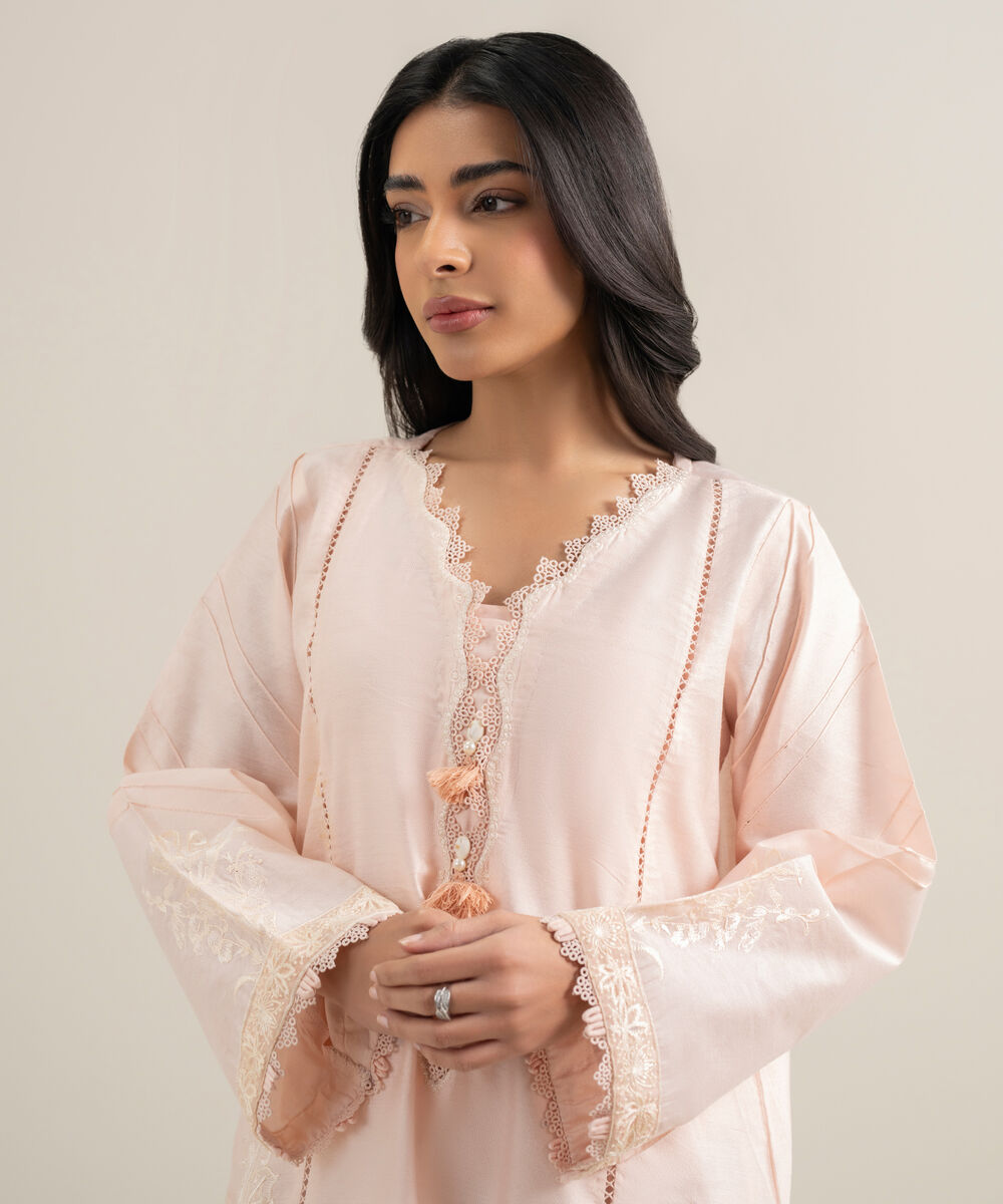 Women's RTW Silk Cotton Net Embroidered Pink 2 Piece Suit