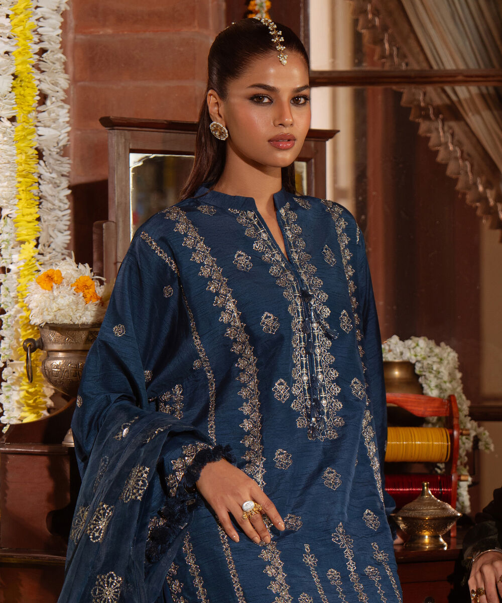 Women's Unstitched Raw Silk Embroidered Blue 3 Piece Suit