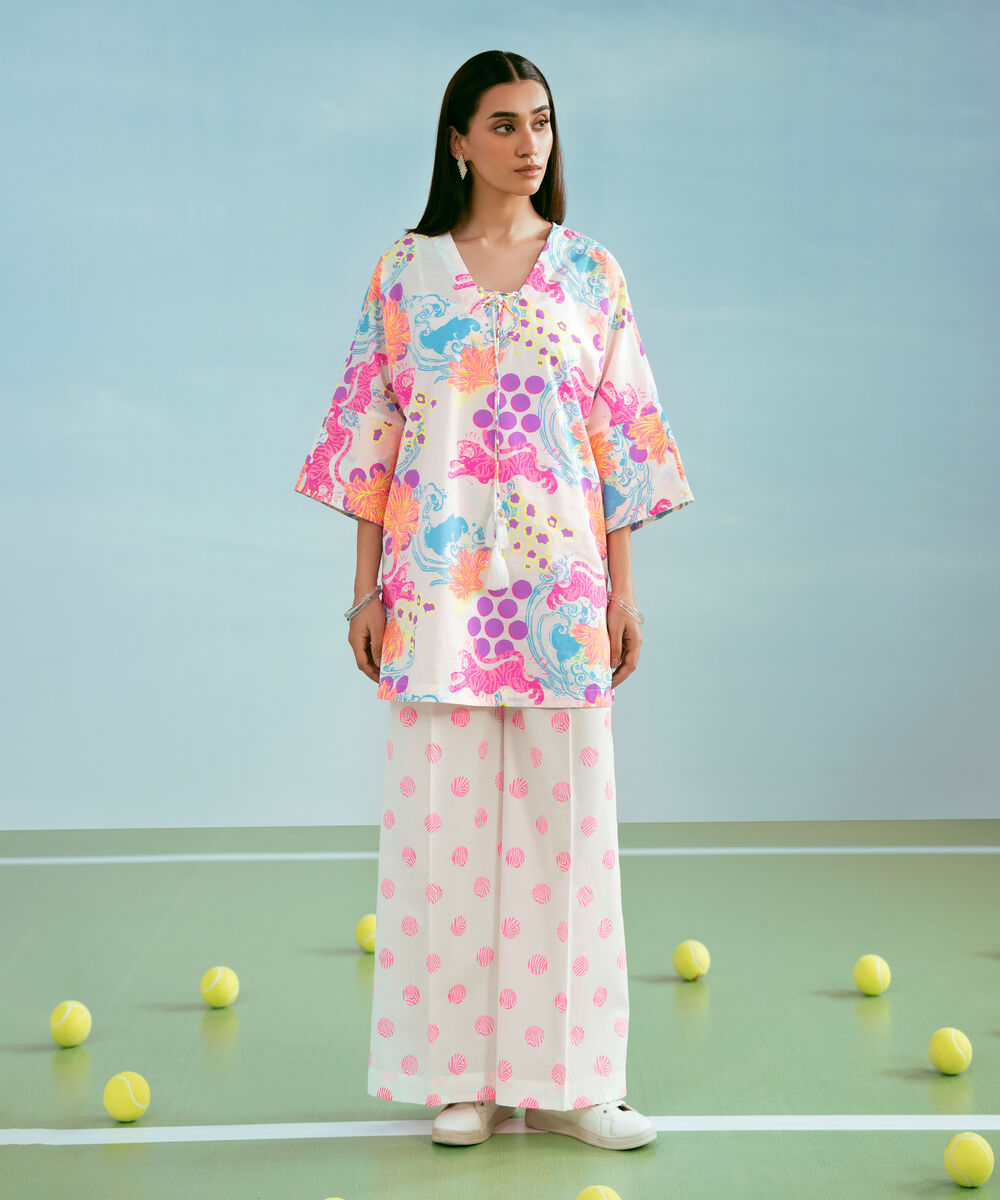 Women's RTW Dobby Printed White 2 Piece Suit