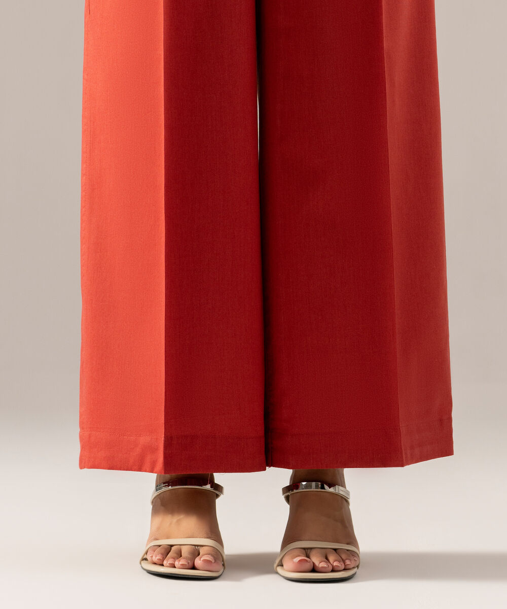 Women's RTW Solid Rust Cotton Viscose Flared Pants