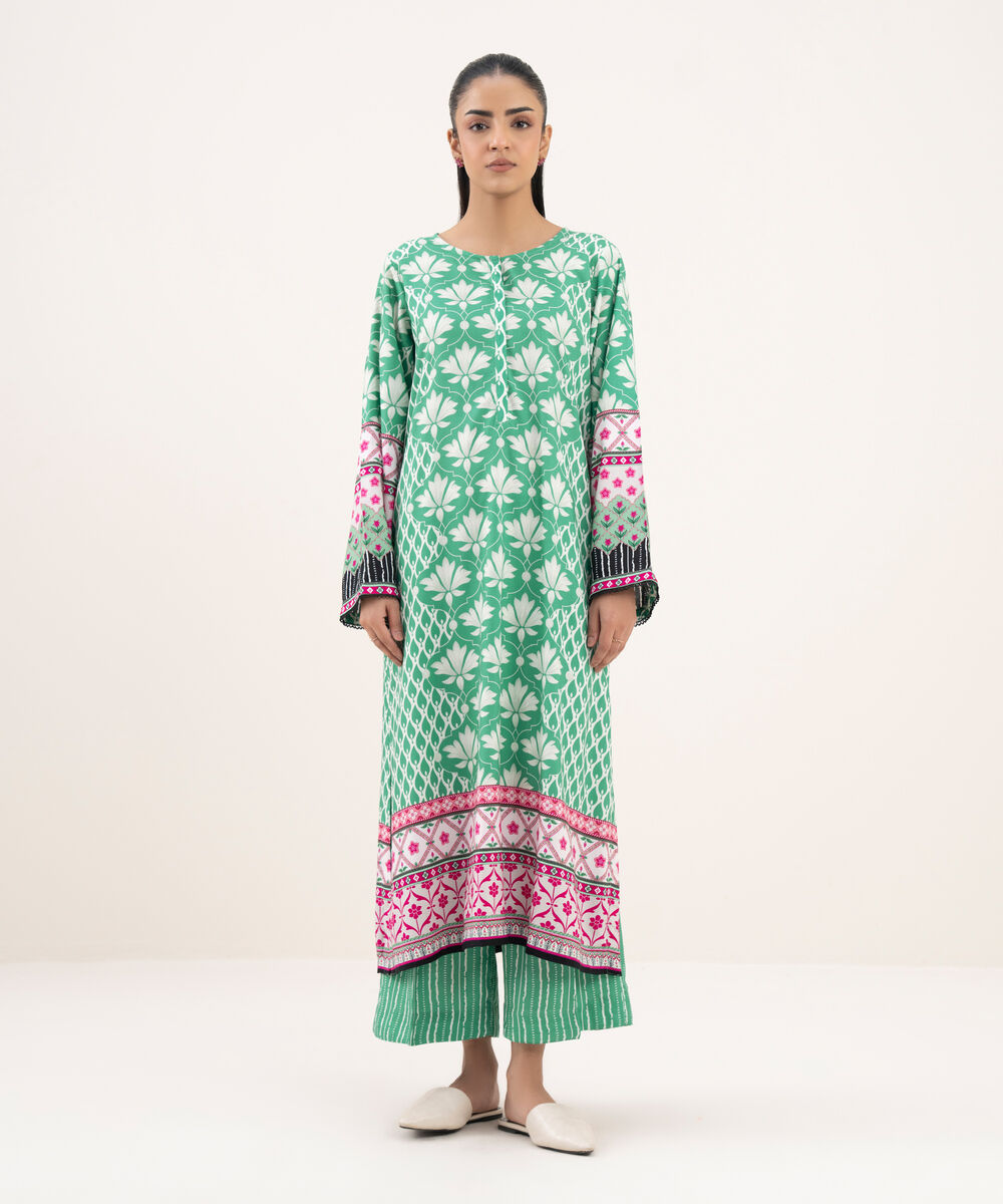 Women's RTW Viscose Linen Printed Straight Green Shirt