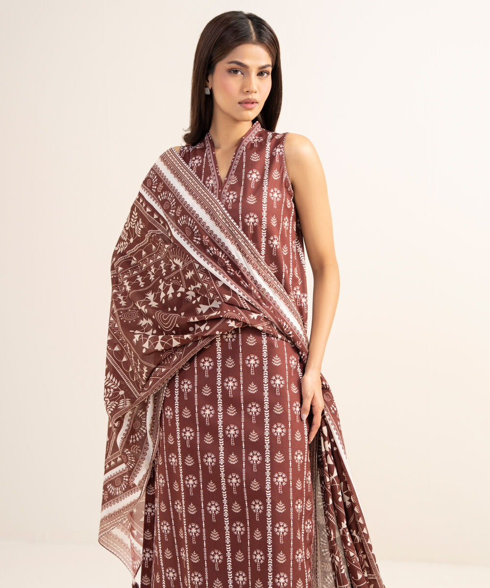 Women's Unstitched Lawn Printed Red 3 Piece Suit