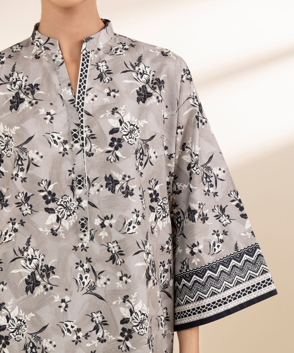 Women's Unstitched Lawn Printed Grey 2 Piece Suit