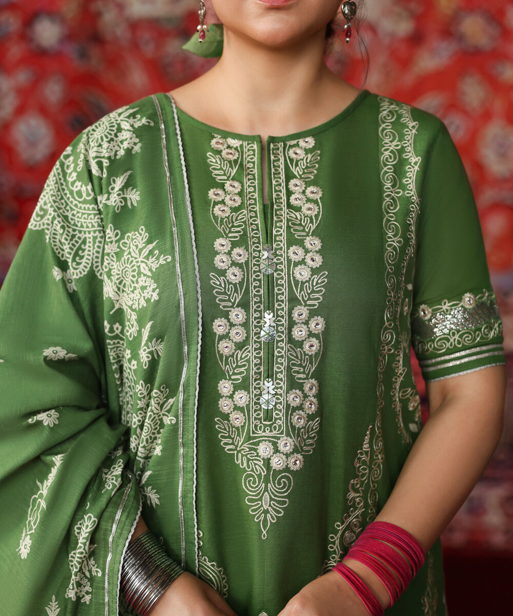 Women's Unstitched Light Khaddar Embroidered Green 3 Piece Suit