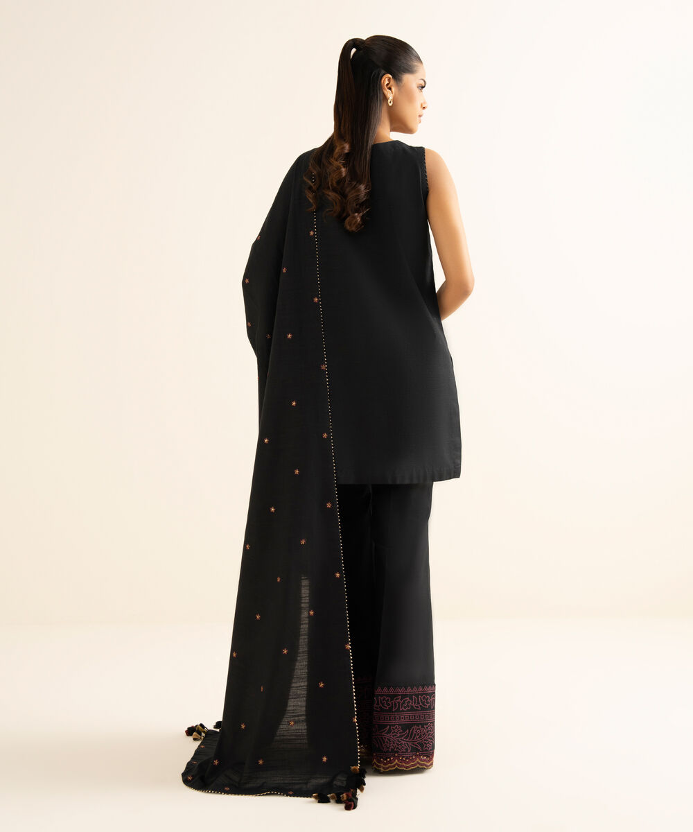 Women's Unstitched Cotton Embroidered Black 3 Piece Suit