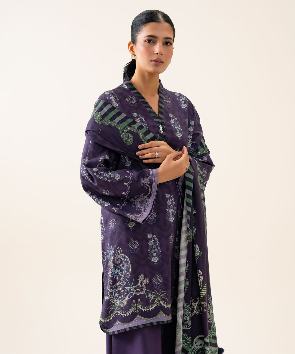 Women's Unstitched Viscose Linen Printed Blue 3 Piece Suit