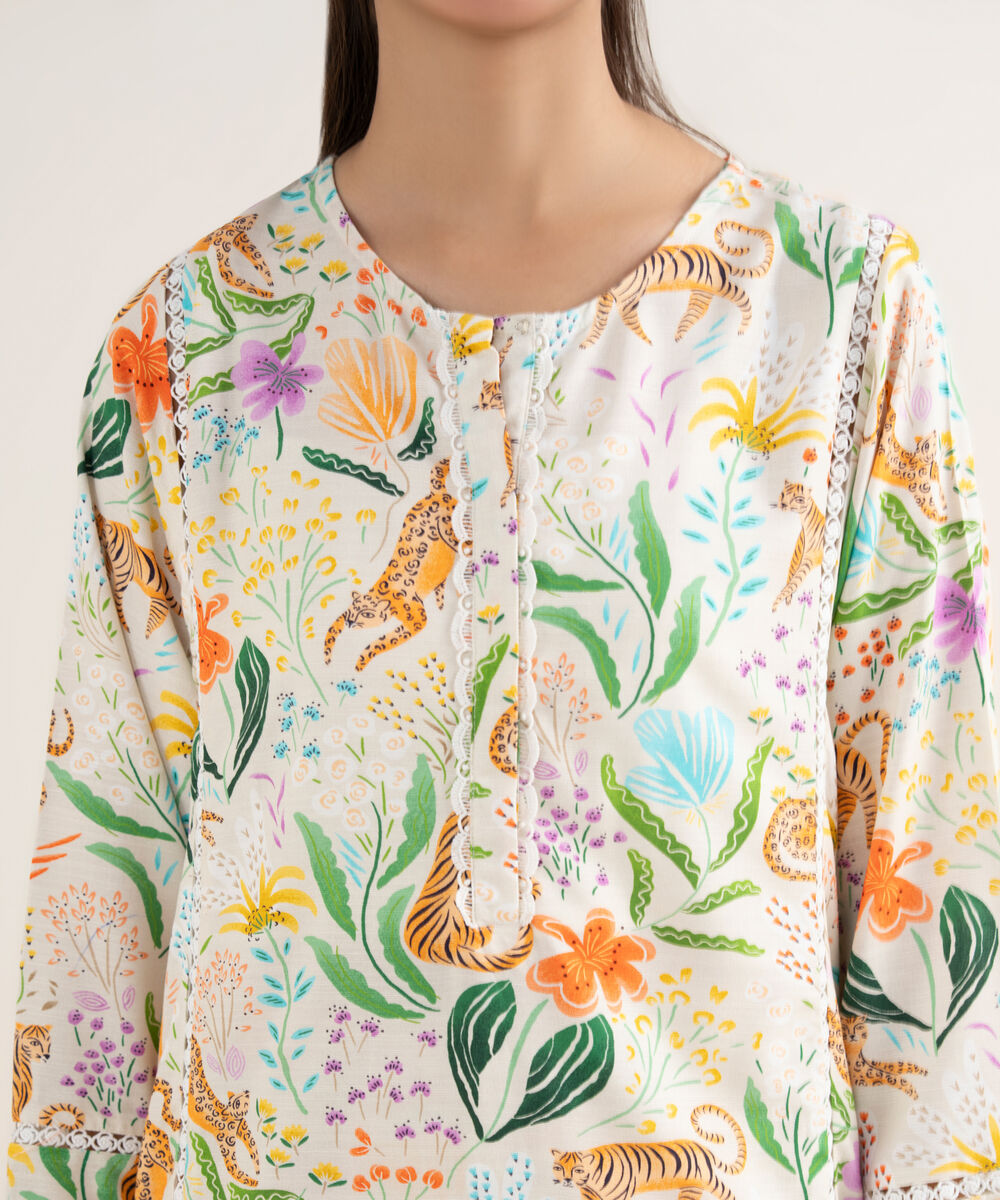 Women's RTW Herringbone Printed Off White Straight Shirt