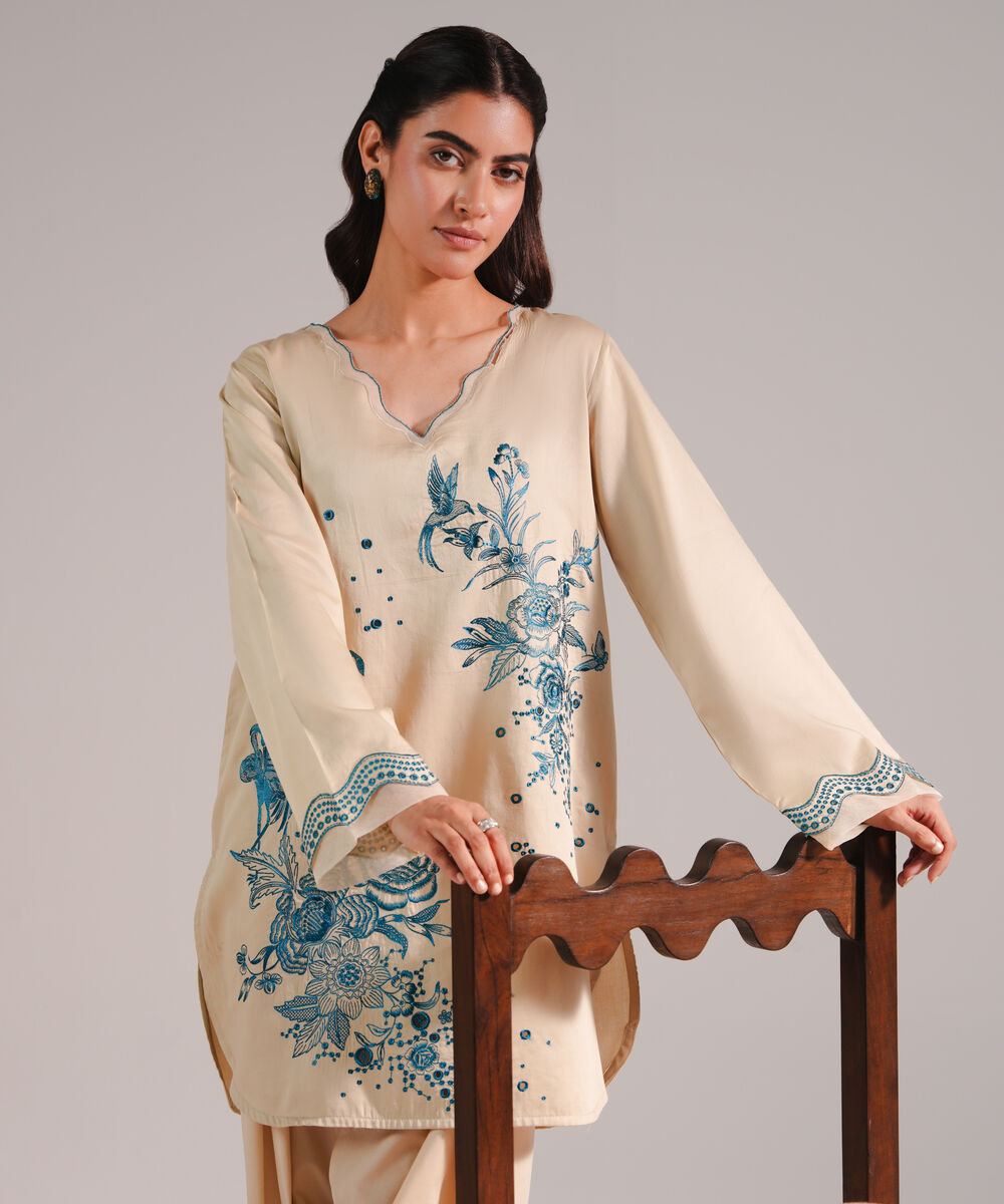Women's RTW Cotton Satin Embroidered Beige Straight Shirt
