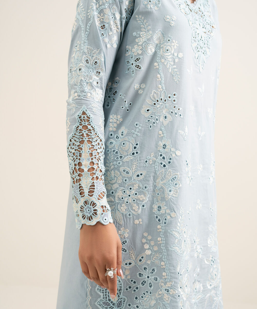 Women's Unstitched Lawn Embroidered Blue 3 Piece Suit