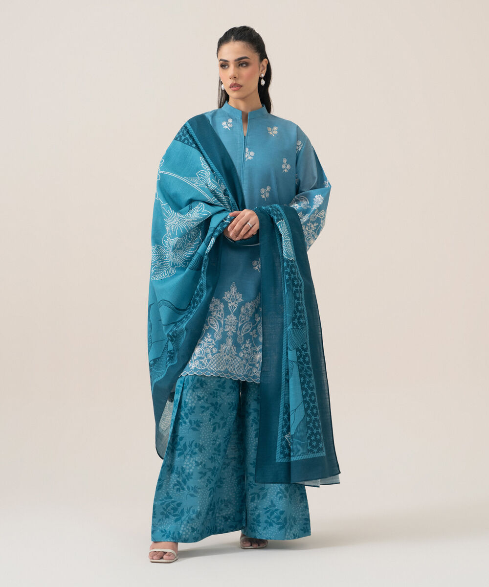 Women's Unstitched Cotton Embroidered Blue 3 Piece Suit