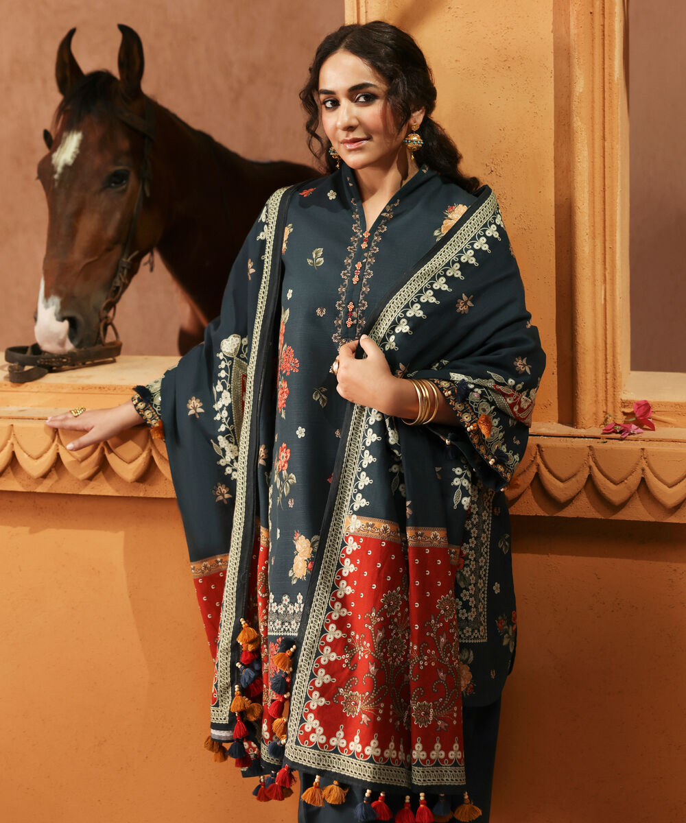 Women's Unstitched Light Khaddar Printed Blue 3 Piece Suit