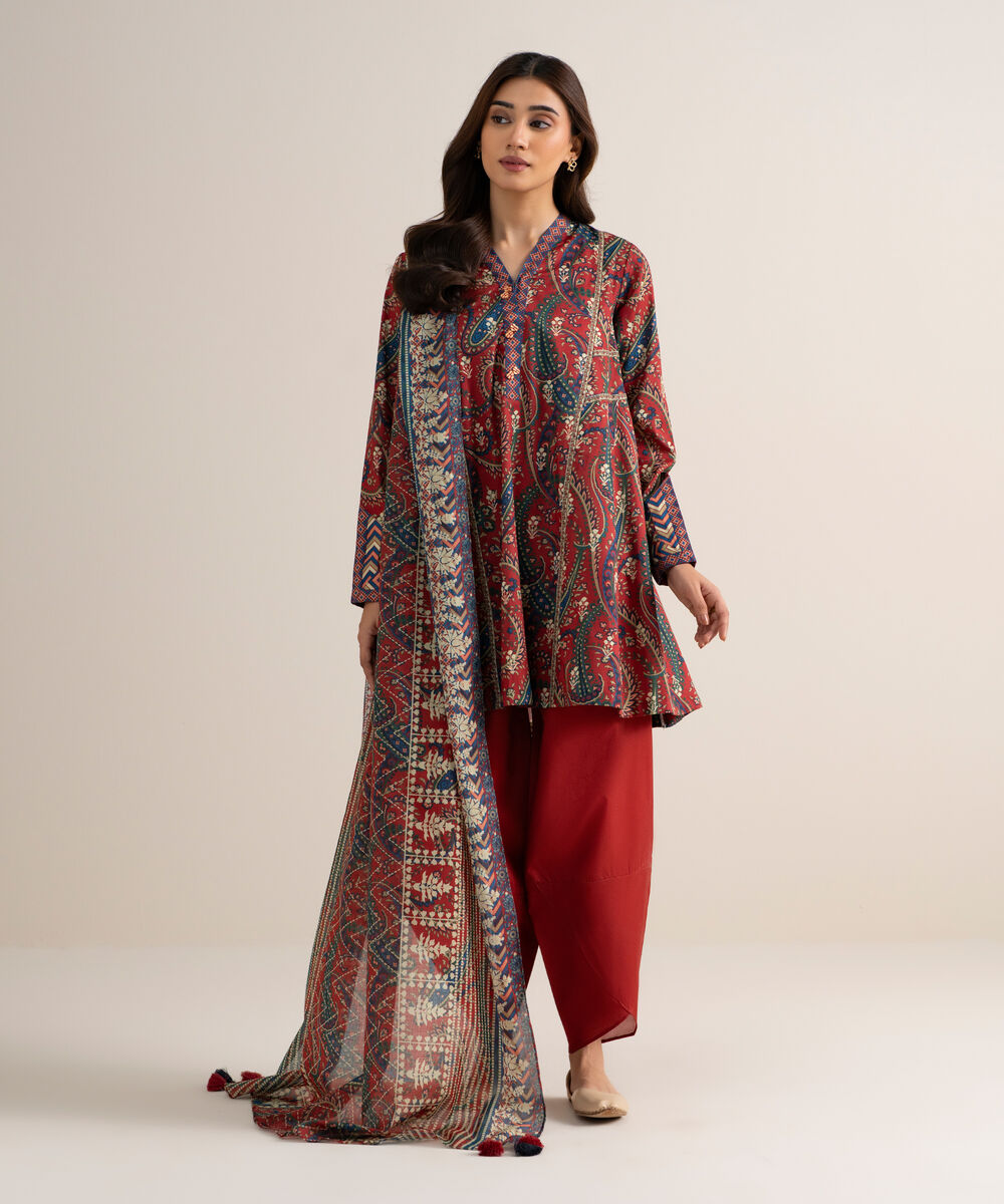 Women's Unstitched Lawn Printed Red