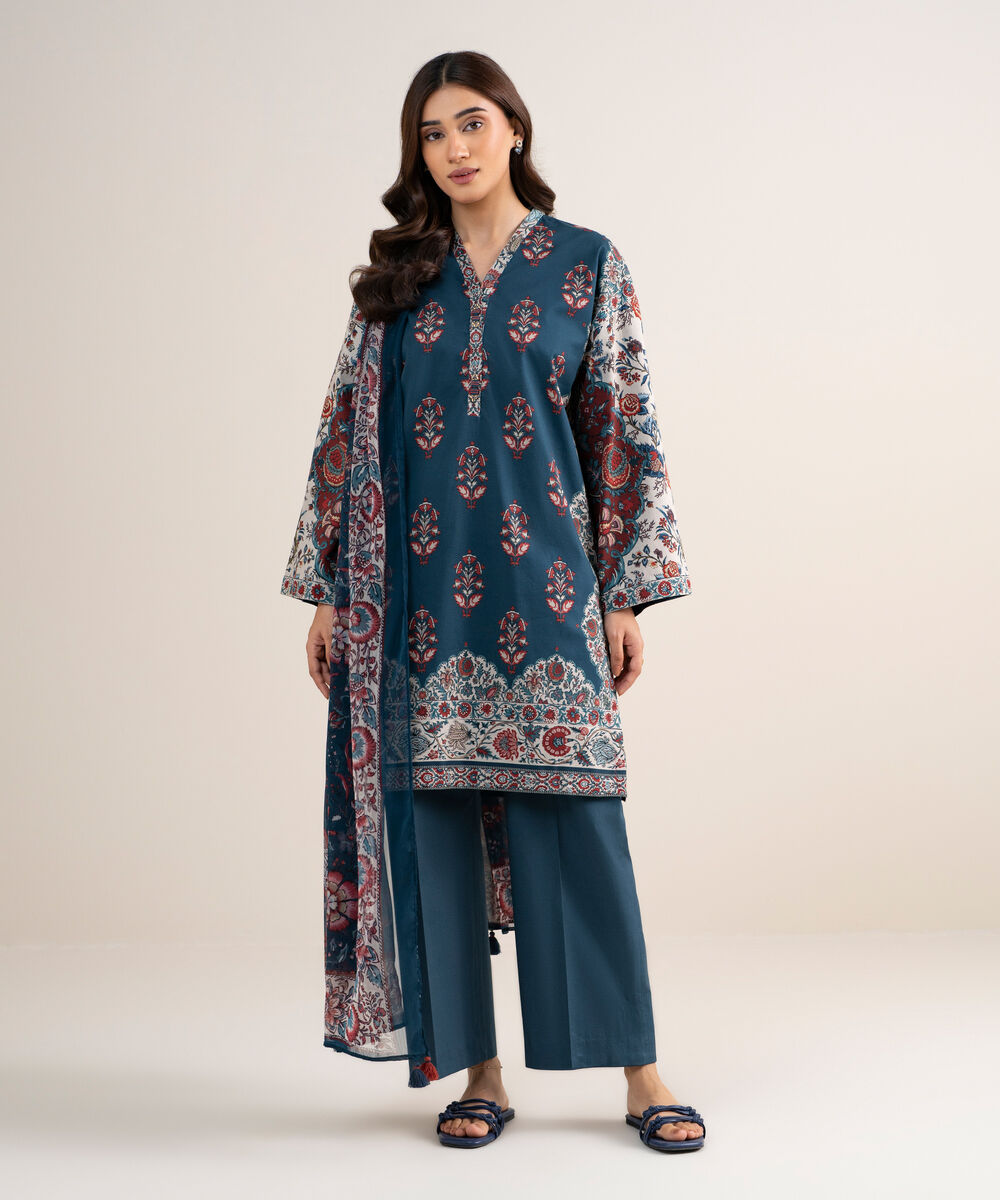 Women's Unstitched Lawn Printed Blue 3 Piece Suit