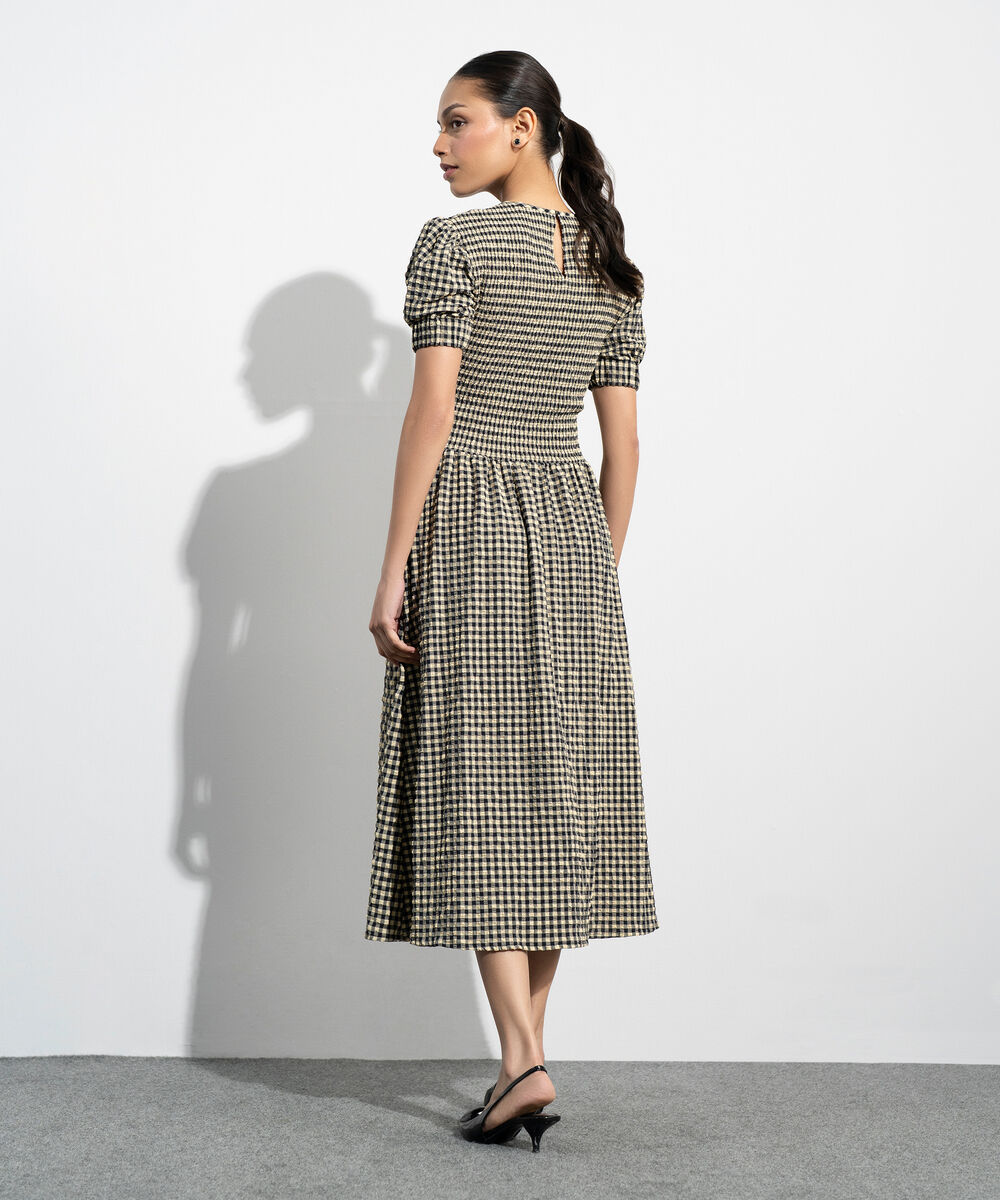 Women's Western Black And Yellow Smocked Seersucker Gingham Dress