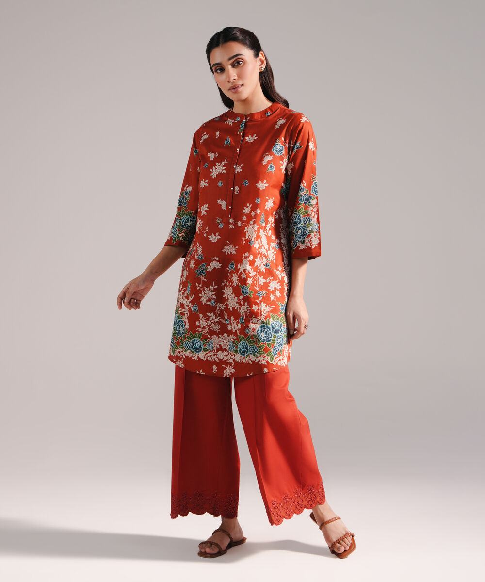 Women's RTW Lawn Printed Rust 2 Piece Suit