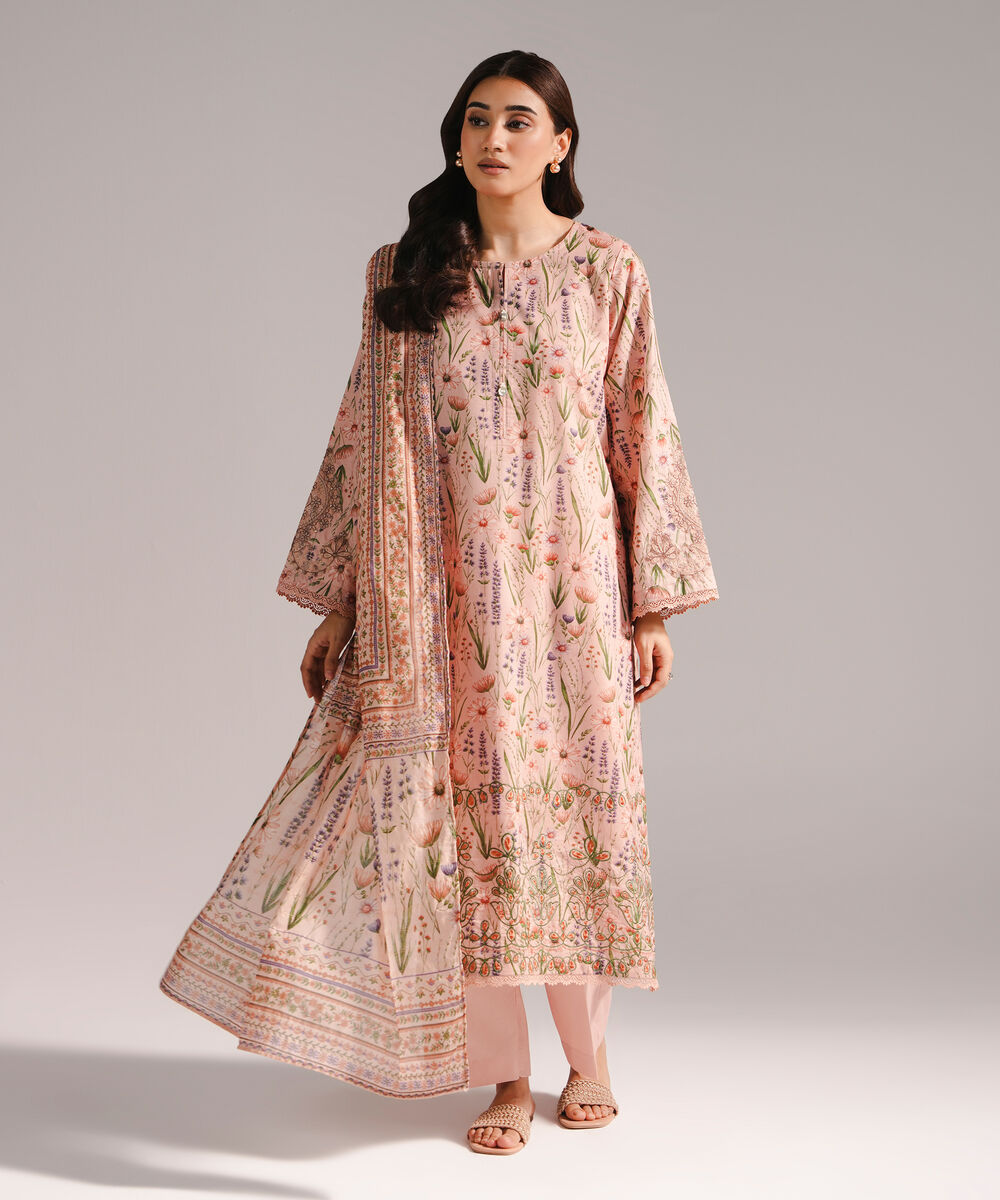 Women's RTW Zari Lawn Embroidered Pink 3 Piece Suit