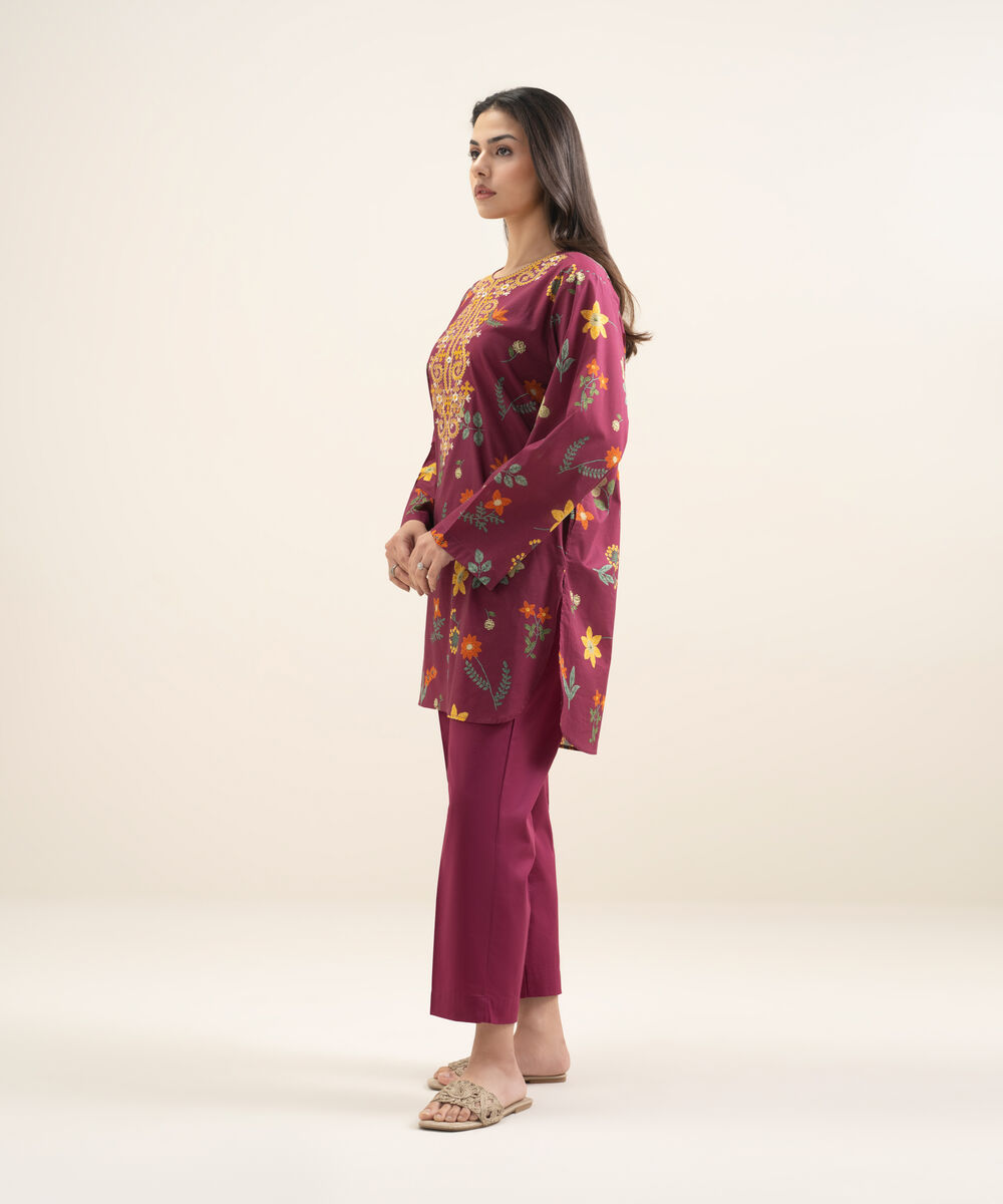 Women's RTW Slub Lawn Embroidered Purple Straight Shirt