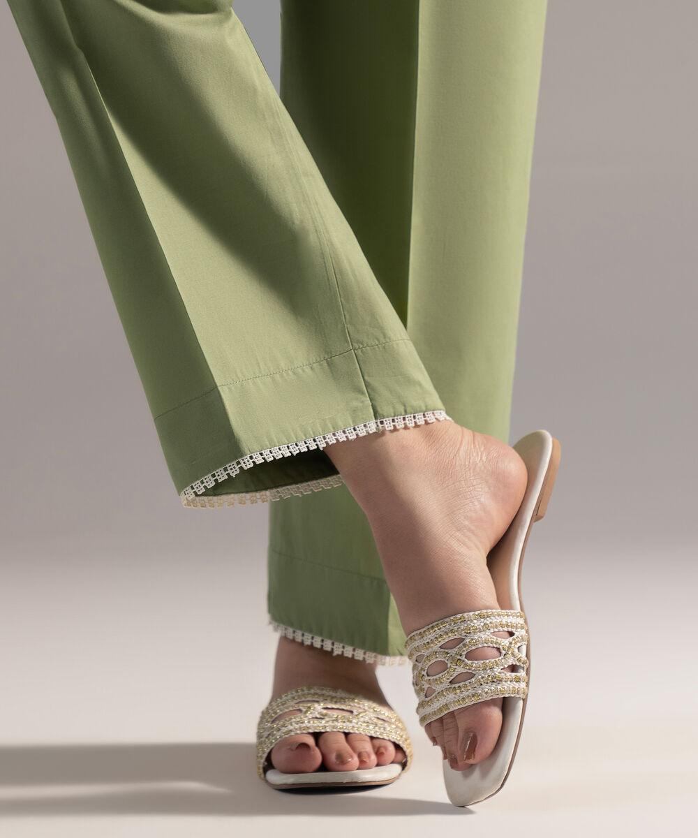 Women's RTW Cambric Solid Green Straight Pants