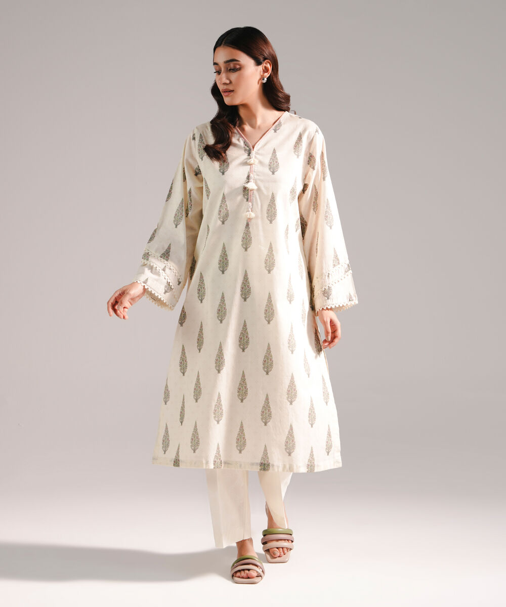 Women's RTW Lawn Printed Off White Straight Shirt