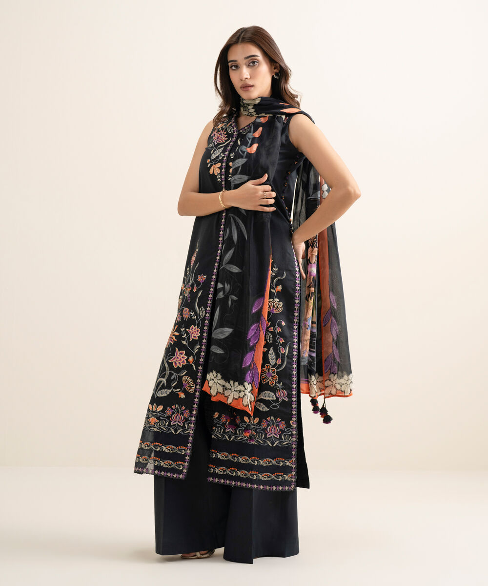 Women's Unstitched Textured Lawn Embroidered Black 3 Piece Suit