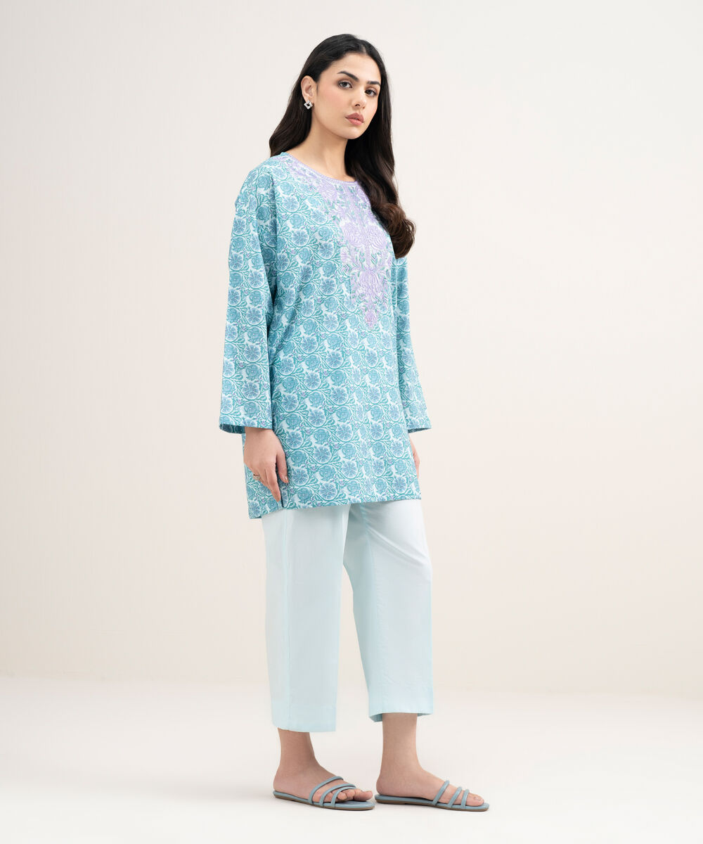Women's RTW Slub Lawn Embroidered Blue Drop Shoulder Shirt
