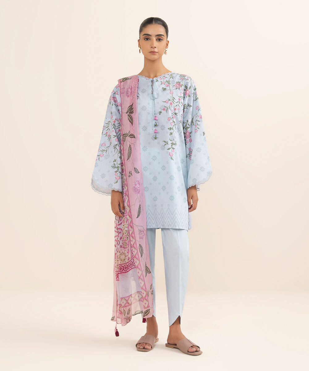 Women's Unstitched Lawn Printed Blue 3 Piece Suit
