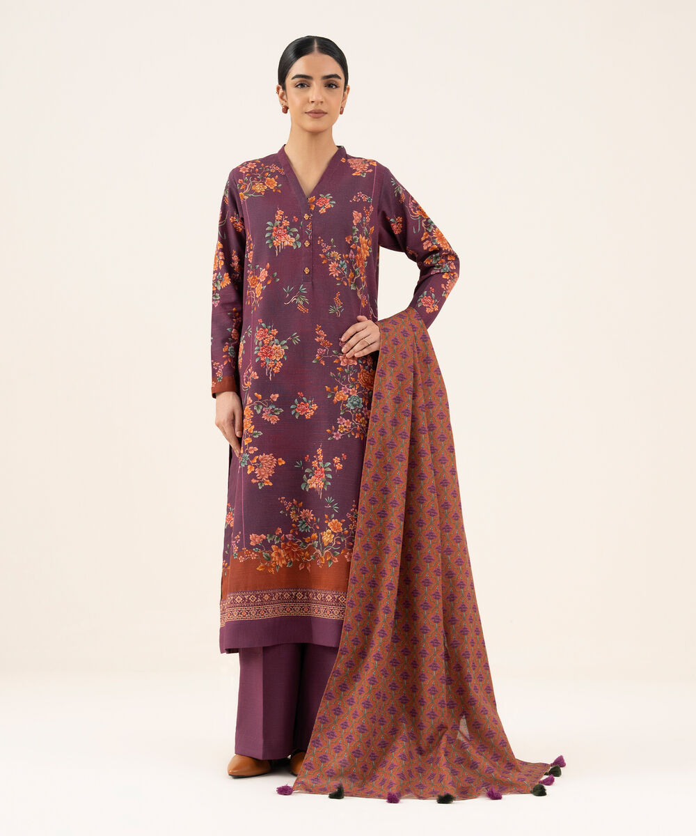 Women's Unstitched Khaddar Printed Purple 3 Piece Suit