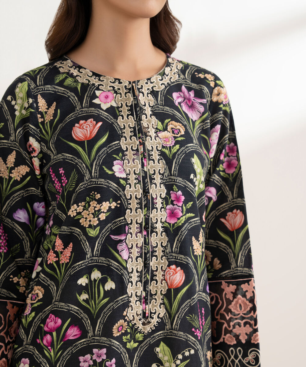 Women's RTW Khaddar Embroidered A-Line Black Shirt