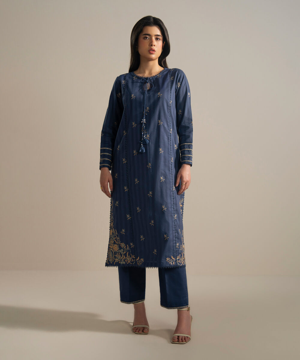 Women's RTW Leno Kara Embroidered Blue A-Line Shirt