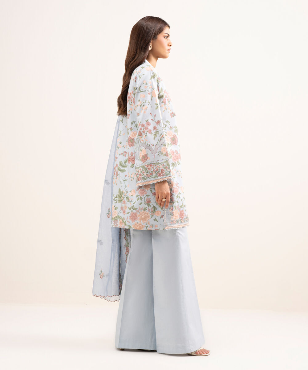 Women's Unstitched Lawn Embroidered Blue 3 Piece Suit