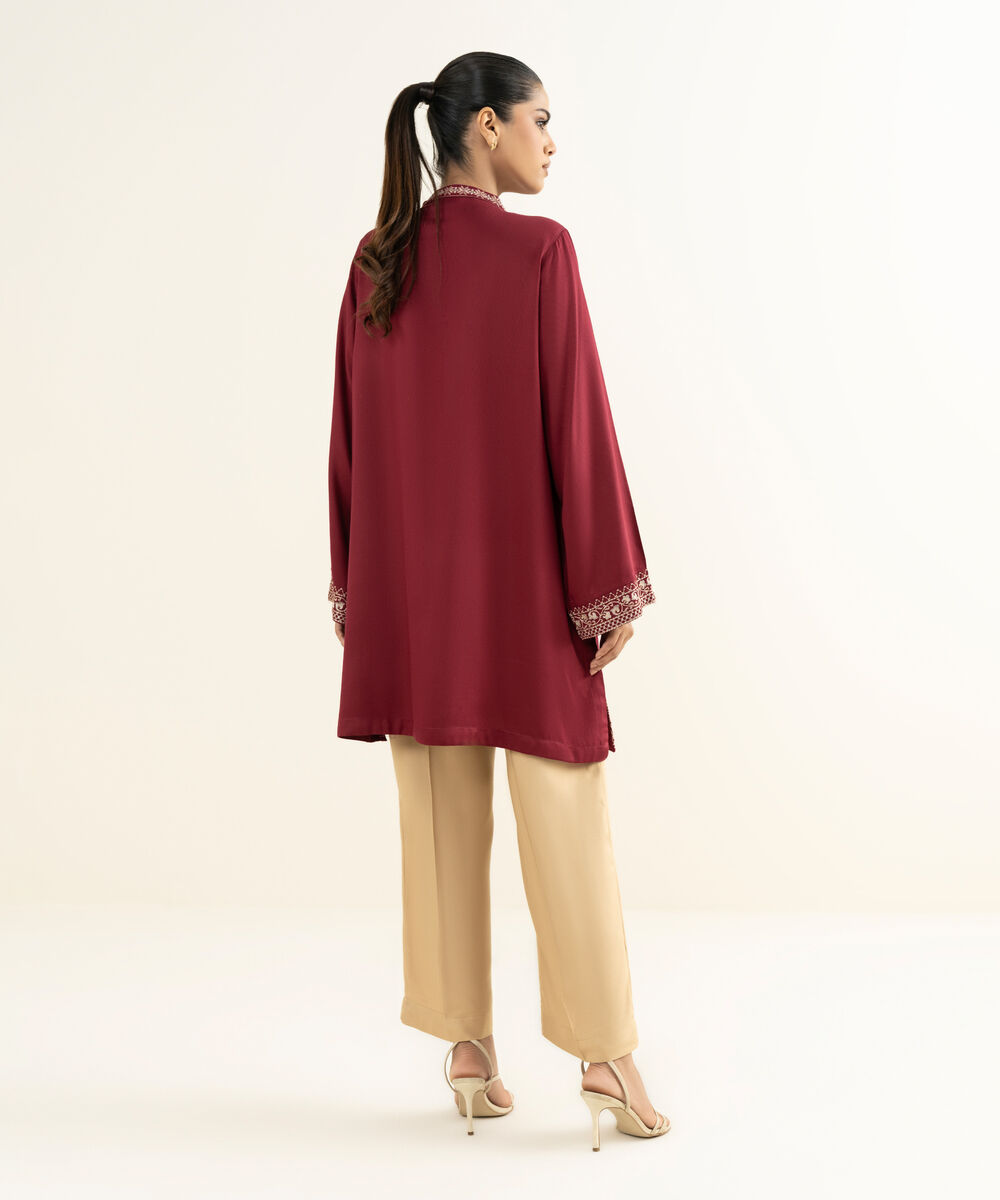 Women's RTW Linen Viscose Embroidered Maroon Straight Shirt