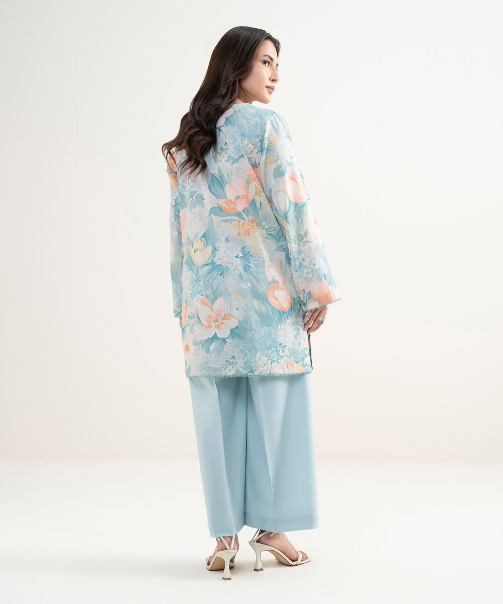 Women's RTW Lawn Embroidered Blue Straight Shirt