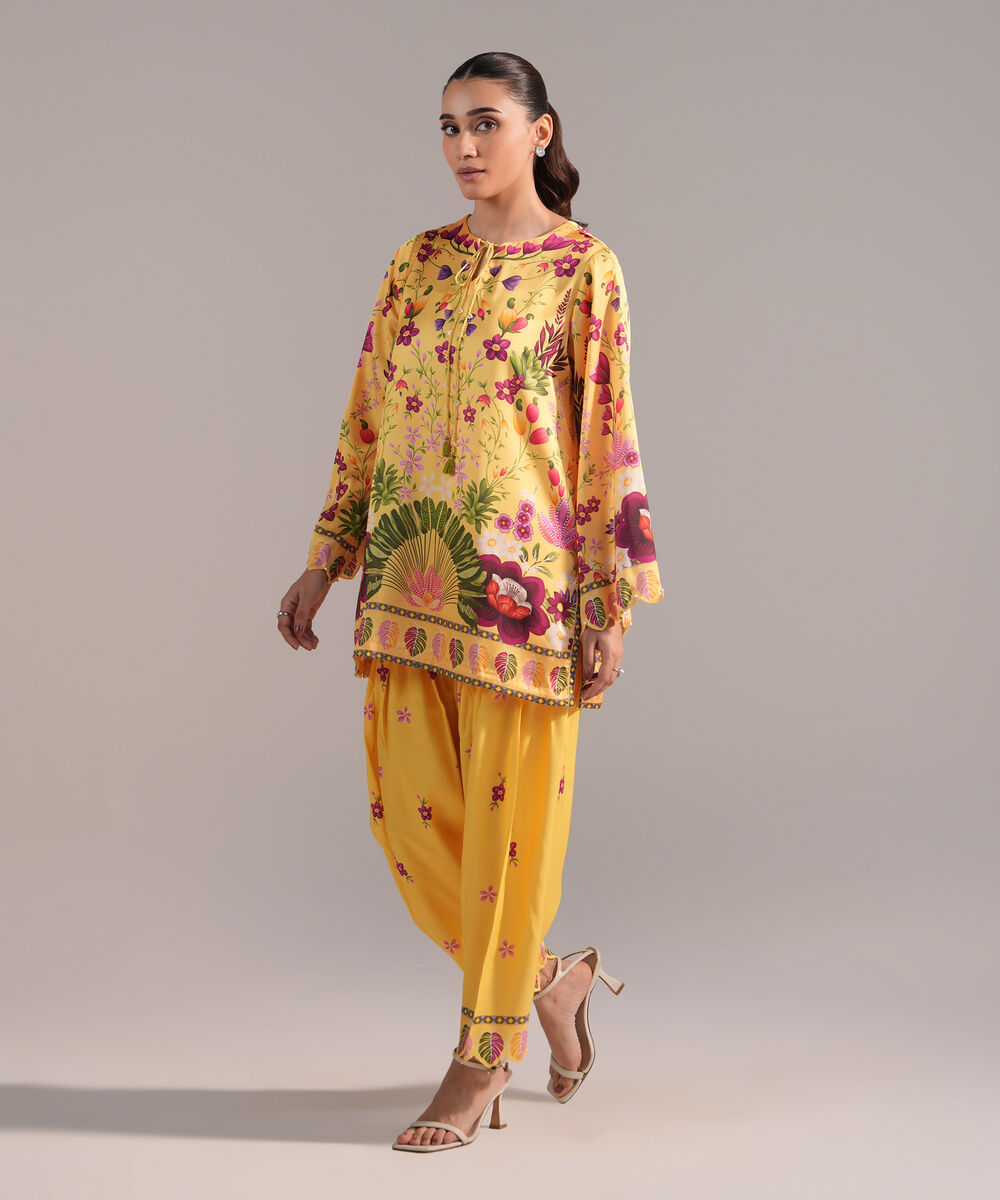 Women's RTW Blended Satin Printed Yellow 2 Piece Suit