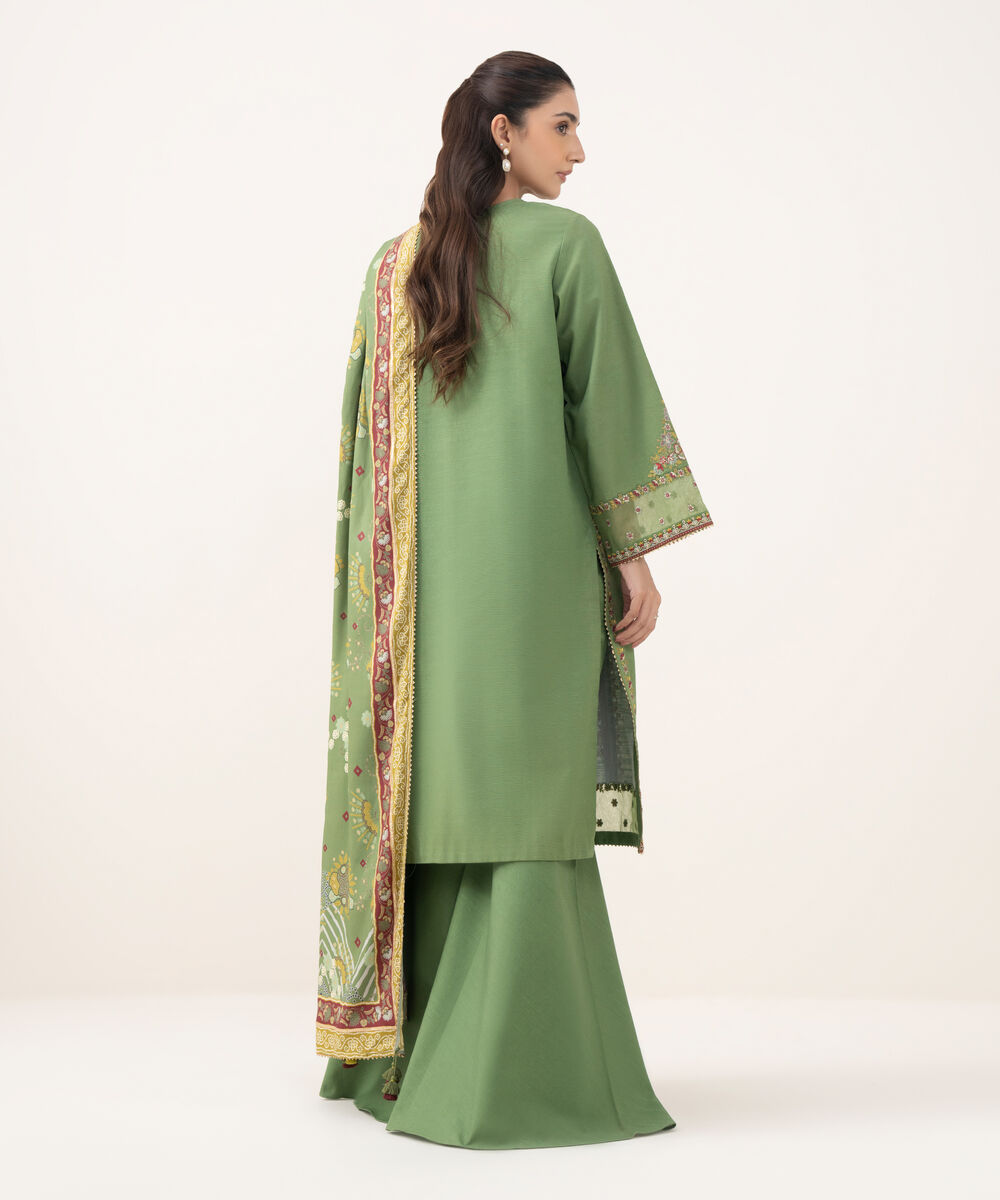 Women's Unstitched Textured Cotton Embroidered Green 3 Piece Suit