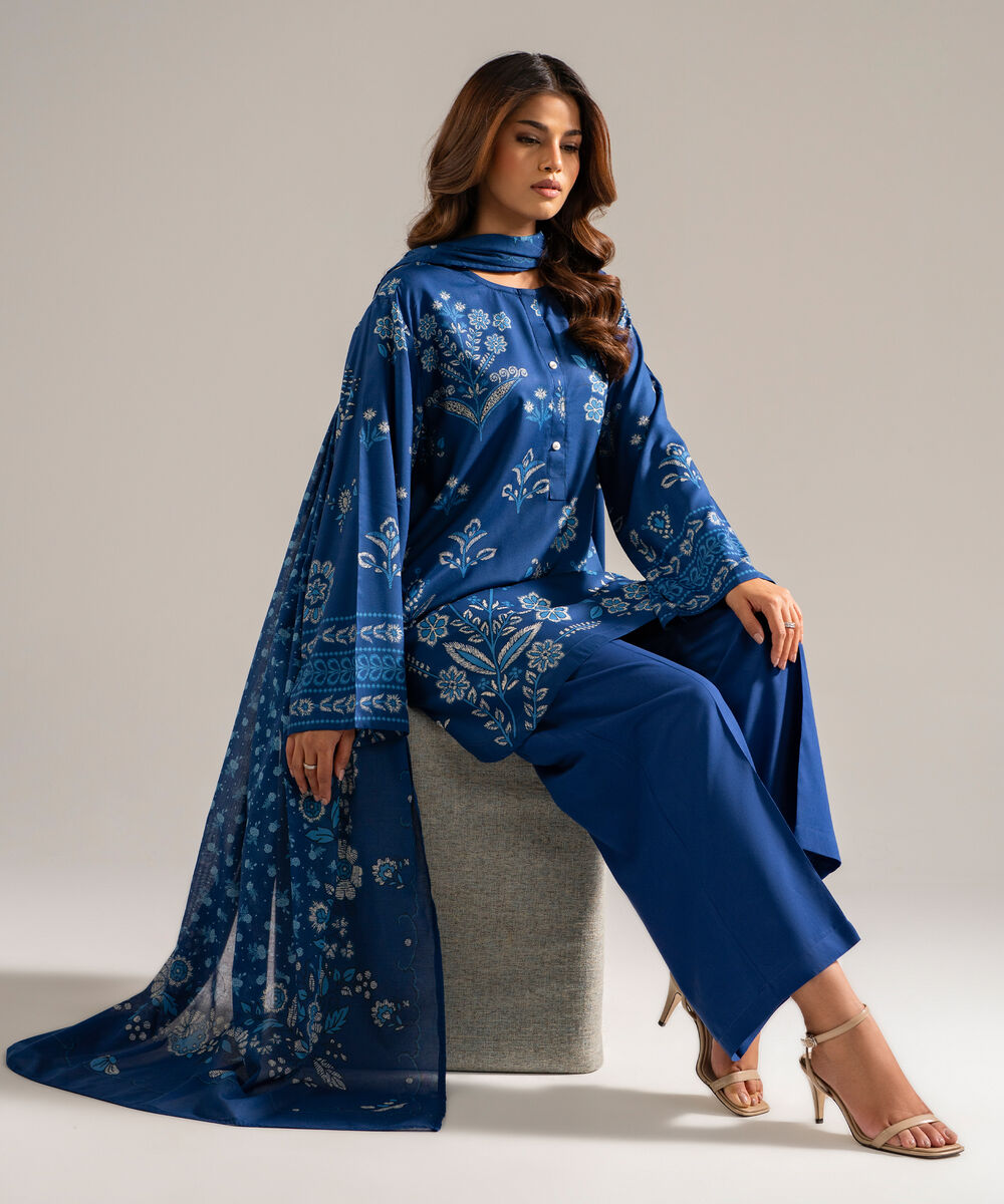 Women's RTW Arabic Lawn Printed Blue 3 Piece Suit