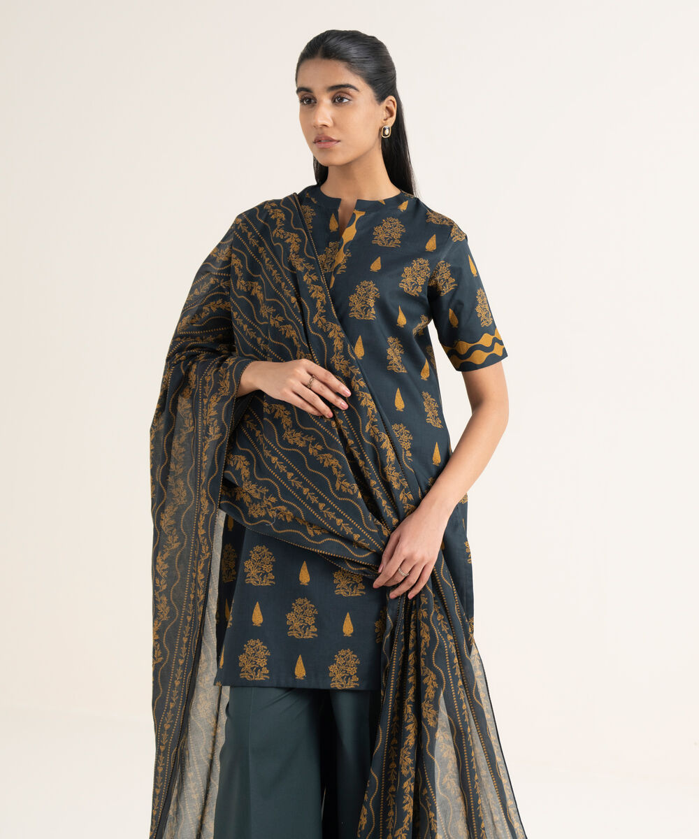 Women's Unstitched Lawn Printed Black 2 Piece Suit