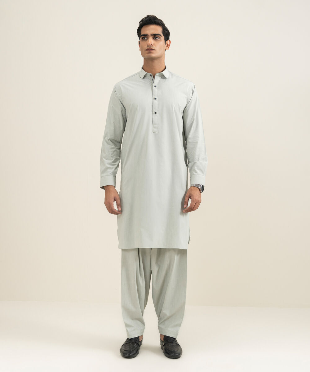 Men's light grey Blended Yarn Dyed Kameez Shalwar
