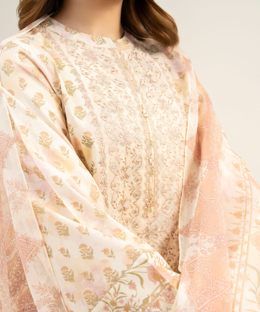 Women's Unstitched Lawn Embroidered Pink 3 Piece Suit