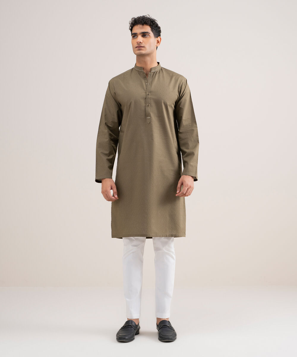 Men's Stitched Cotton Jacquard Olive Kurta