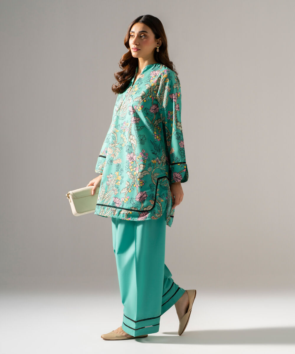 Women's RTW Cambric Printed Green Straight Shirt