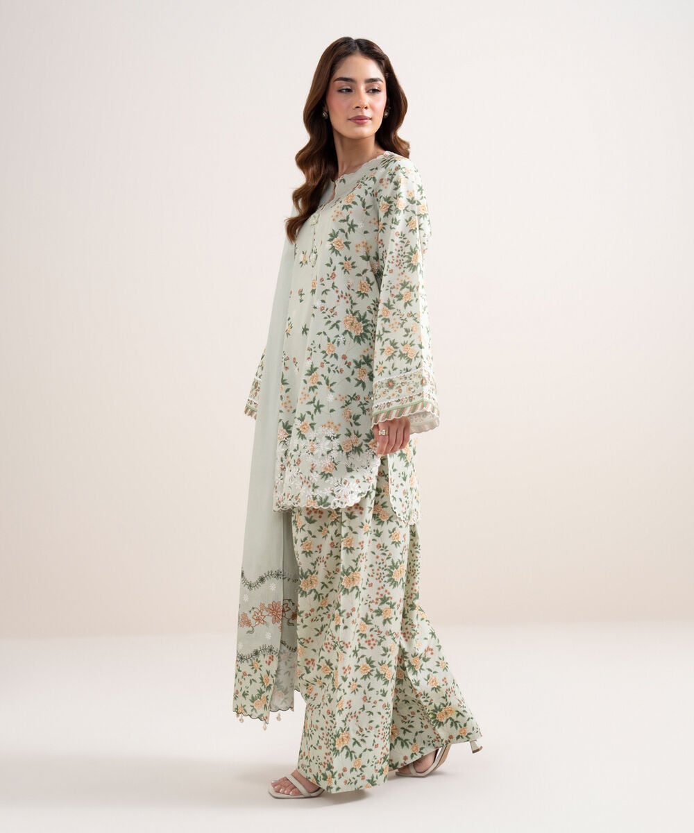 Women's Unstitched Lawn Embroidered Beige 3 Piece Suit