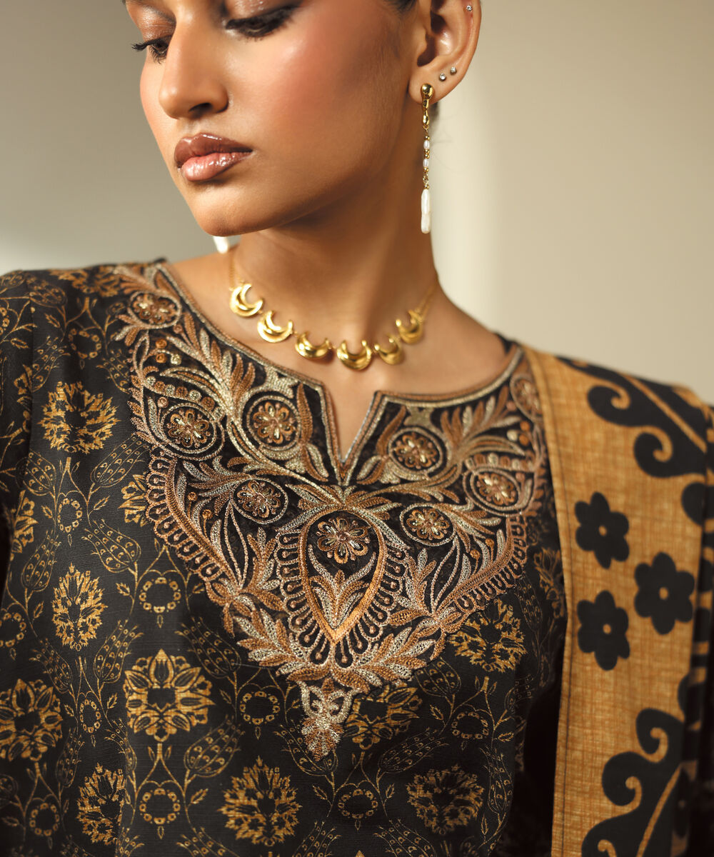 Women's RTW Khaddar Embroidered Black A-Line Shirt