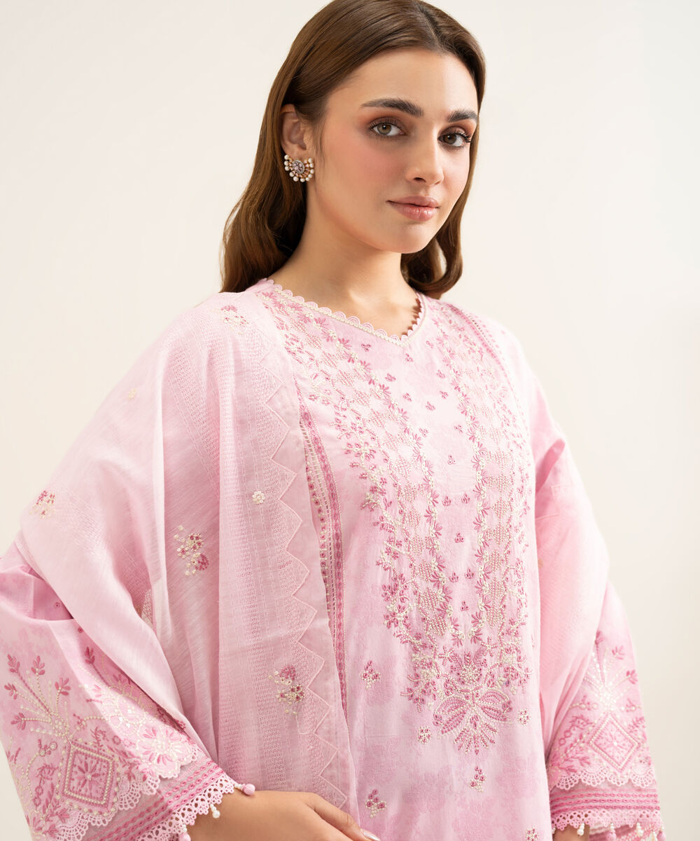 Women's Unstitched Cotton Jacquard Embroidered Pink 3 Piece Suit